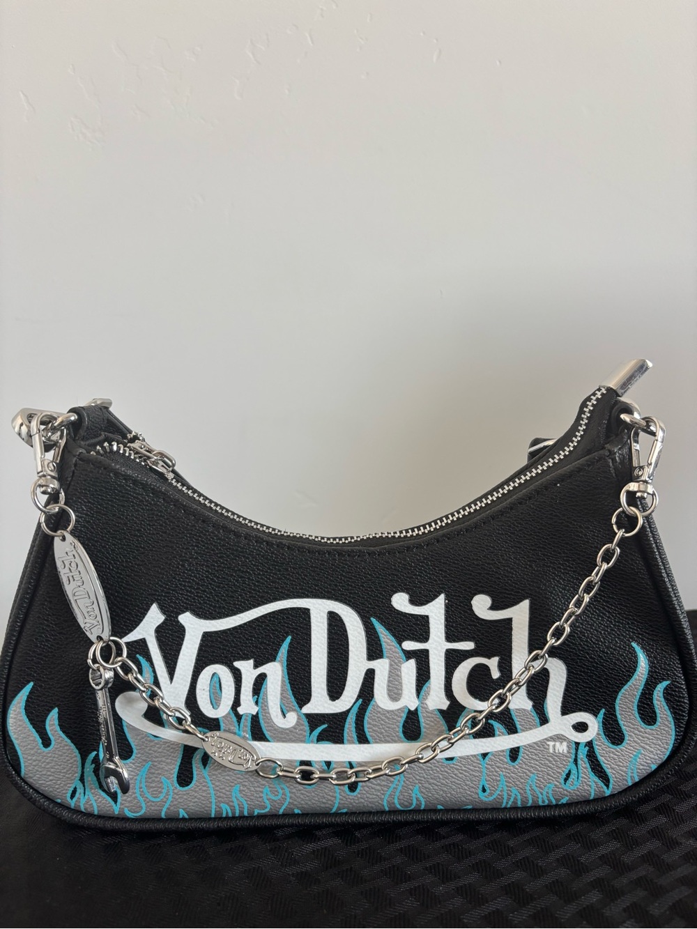 Von Dutch Black Shoulder Bag with Blue Flame Logo